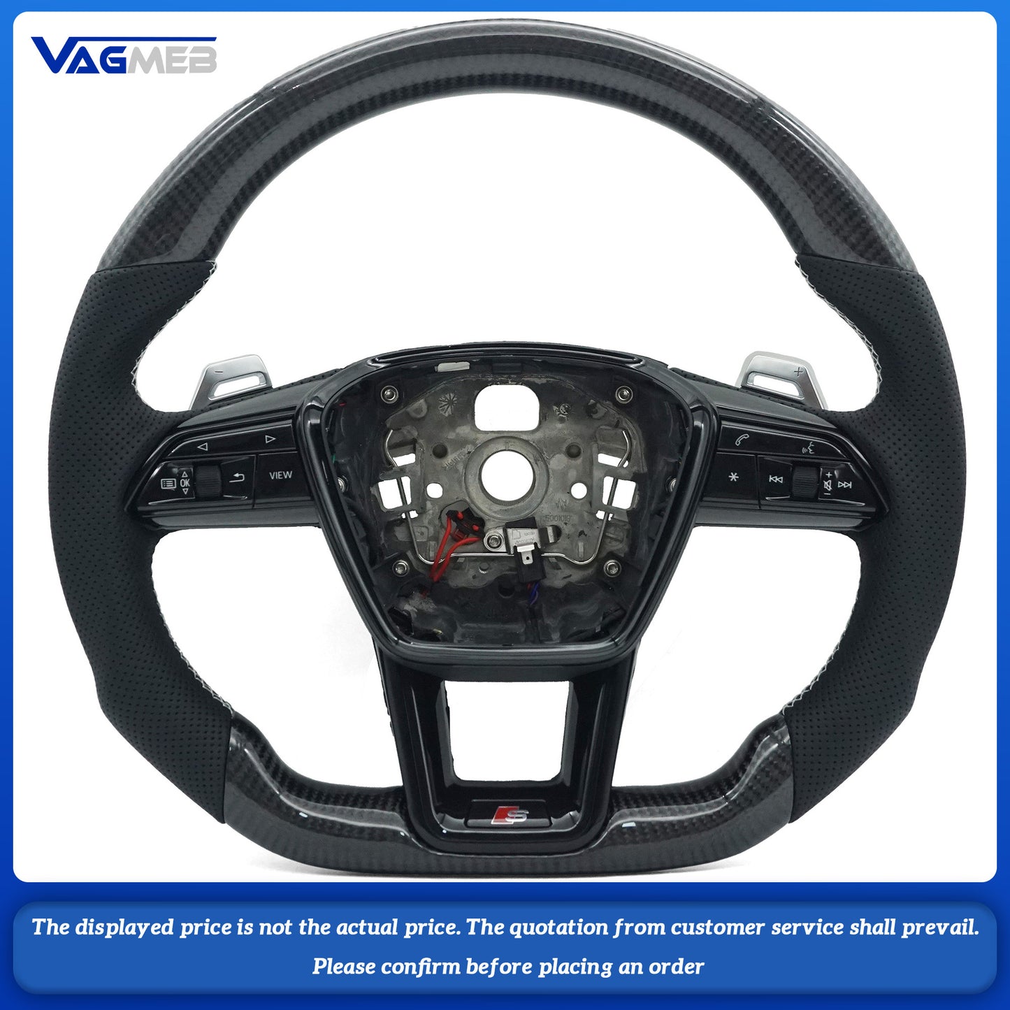 Carbon fiber Alcantara white stitching sports flat bottomed steering wheel with heating for Audi A6 C8, Car Accessories