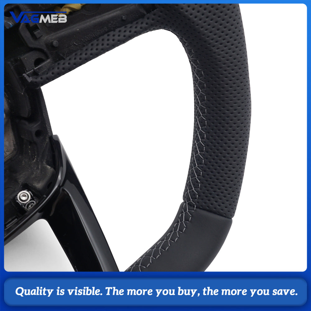 S Line Steering Wheel For Audi Q3 F3 2019-2026, Half Perforated Leather, White Stitching, No Buttons, With Paddle Shifters, With Hands-Off Module, No Airbag