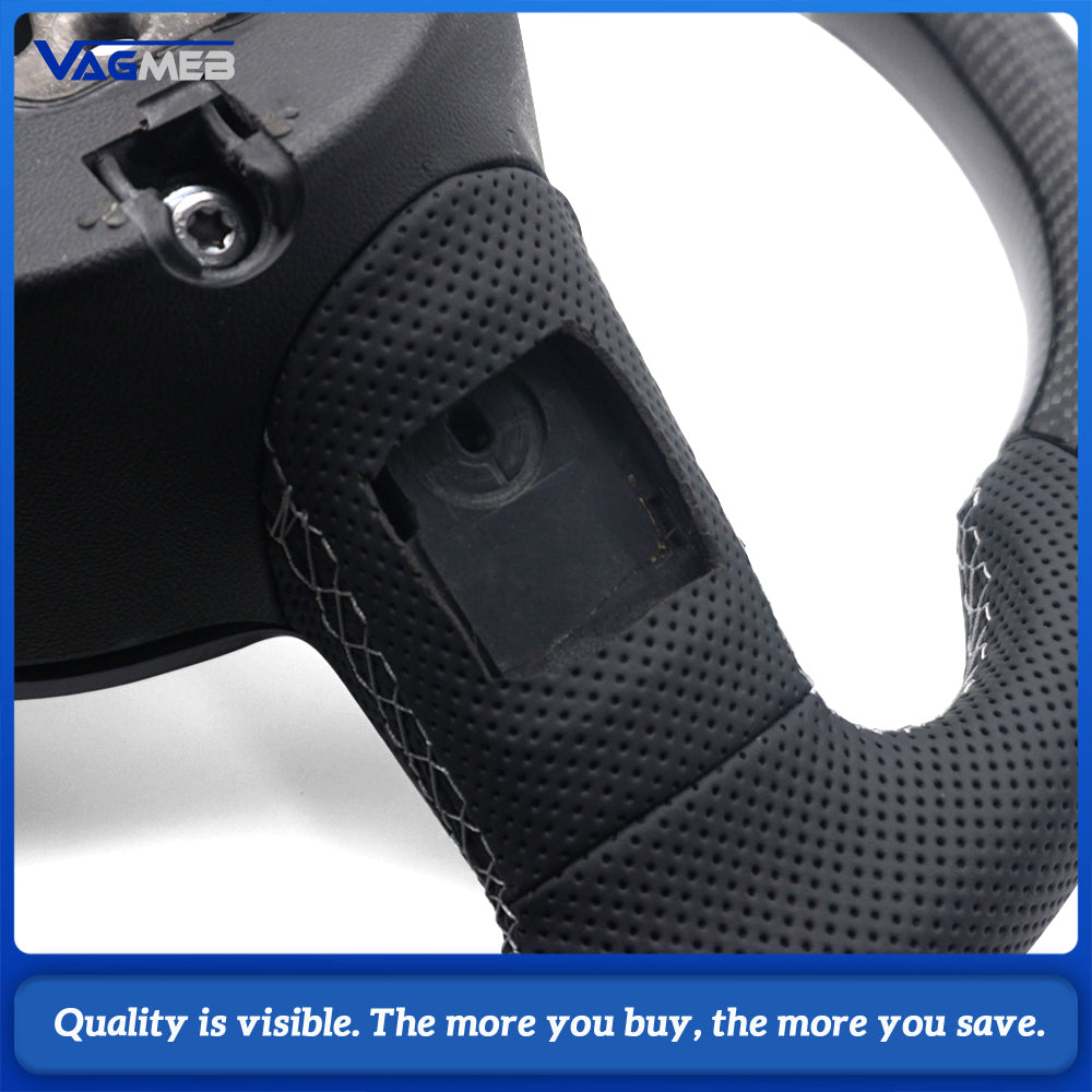For Audi R8 Mk1 42 2007-2015 Carbon Fiber Steering Wheel, Half-Perforated Leather, White Stitching, White 12 O'clock Mark, With Button Frame & R8 Logo, Custom Upgrade