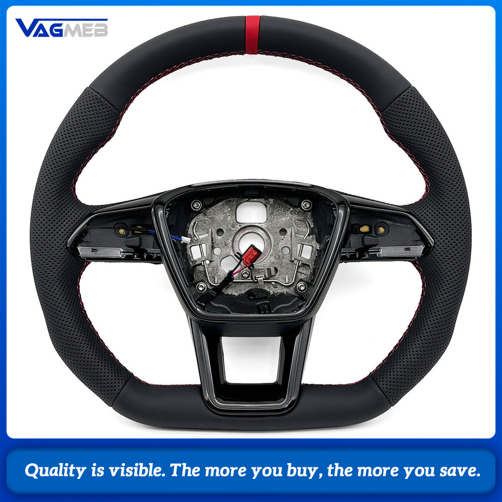 For Audi A6 C8 Half Perforated Leather Steering Wheel Base, Red Stitching Red Centering Marker Heated Car Steering Wheel Modification Part