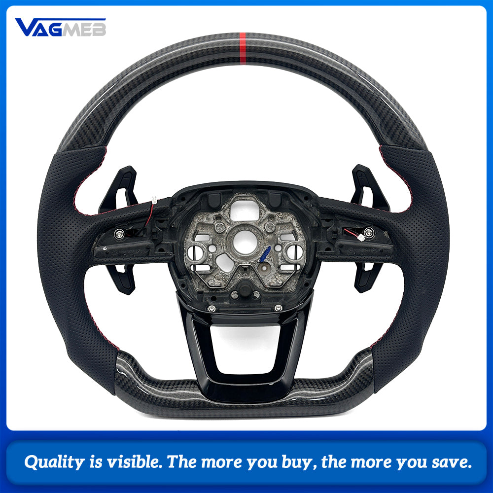 Car Sport Gloss Carbon Fiber Steering Wheel For Audi Q3, Half Perforated Leather, Red Stitch, Red Center Marker, Built-in HOD Hands Off Detection Module, With Gear Shift Paddles, No Control Buttons, Contoured Design