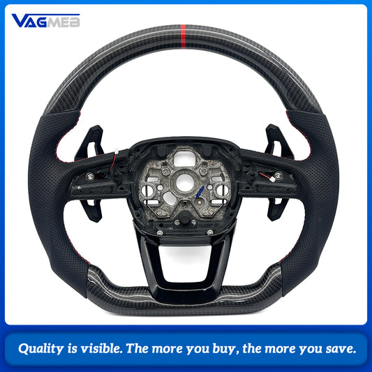 Car Sport Gloss Carbon Fiber Steering Wheel For Audi Q3, Half Perforated Leather, Red Stitch, Red Center Marker, Built-in HOD Hands Off Detection Module, With Gear Shift Paddles, No Control Buttons, Contoured Design