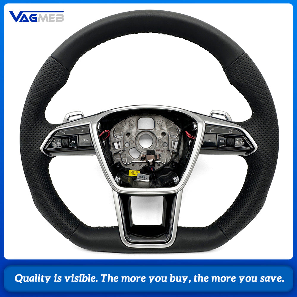 For Audi A6 C8 Half Perforated Leather Steering Wheel, Gray Stitching Hollow Shift Paddles Non-Heated Steering Wheel