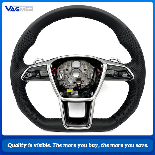 For Audi A6 C8 Half Perforated Leather Steering Wheel, Gray Stitching Hollow Shift Paddles Non-Heated Steering Wheel