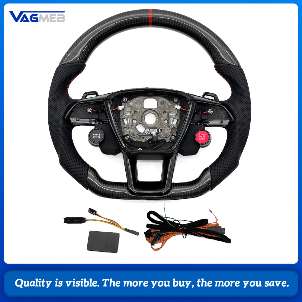 Car Carbon Fiber Half Perforated Leather Steering Wheel Red Stitch Red Centering Marker R8 Style Buttons With Paddle Shifters and Hands Off Function For Audi A6 C8 Retrofit