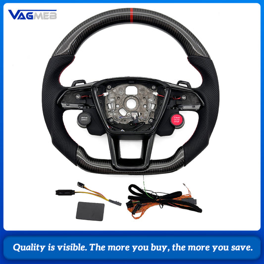 Car Carbon Fiber Half Perforated Leather Steering Wheel Red Stitch Red Centering Marker R8 Style Buttons With Paddle Shifters and Hands Off Function For Audi A6 C8 Retrofit