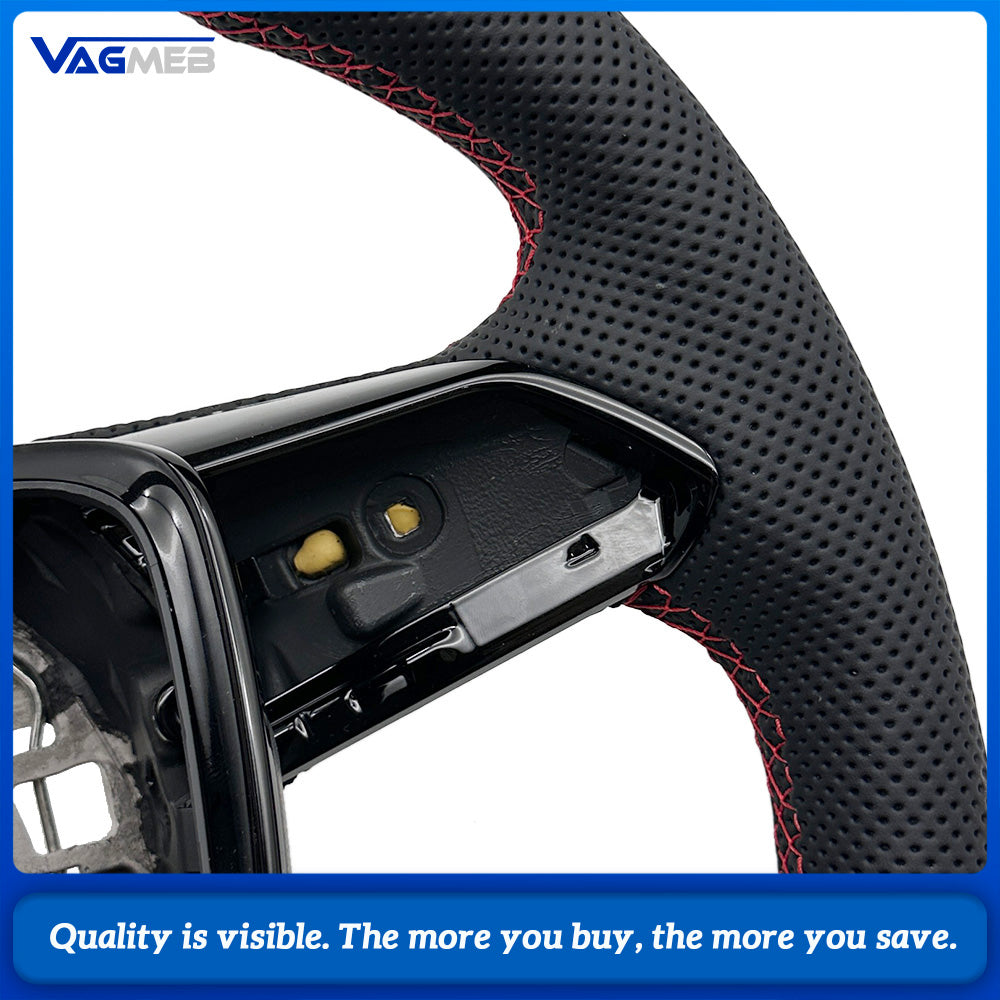 For Audi A6 C8 Half Perforated Leather Steering Wheel Base, Red Stitching Red Centering Marker Heated Car Steering Wheel Modification Part