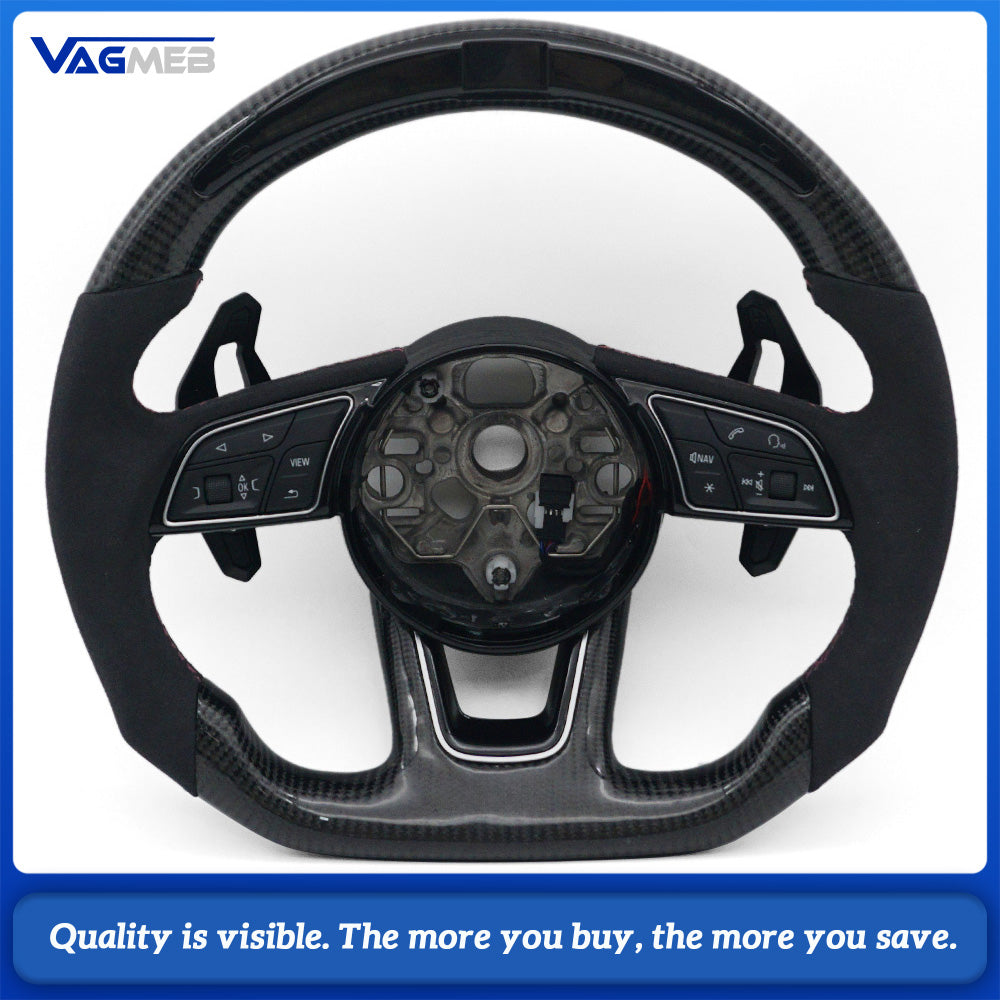 For Audi A3L Carbon Fiber LED Half Perforated Leather Steering Wheel, Purple Stitching With Control Buttons and Lamborghini Style Shift Paddles Car Modification Accessory