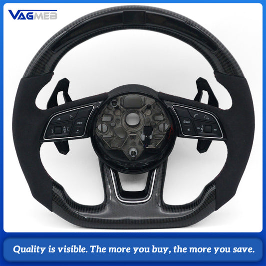 For Audi A3L Carbon Fiber LED Half Perforated Leather Steering Wheel, Purple Stitching With Control Buttons and Lamborghini Style Shift Paddles Car Modification Accessory