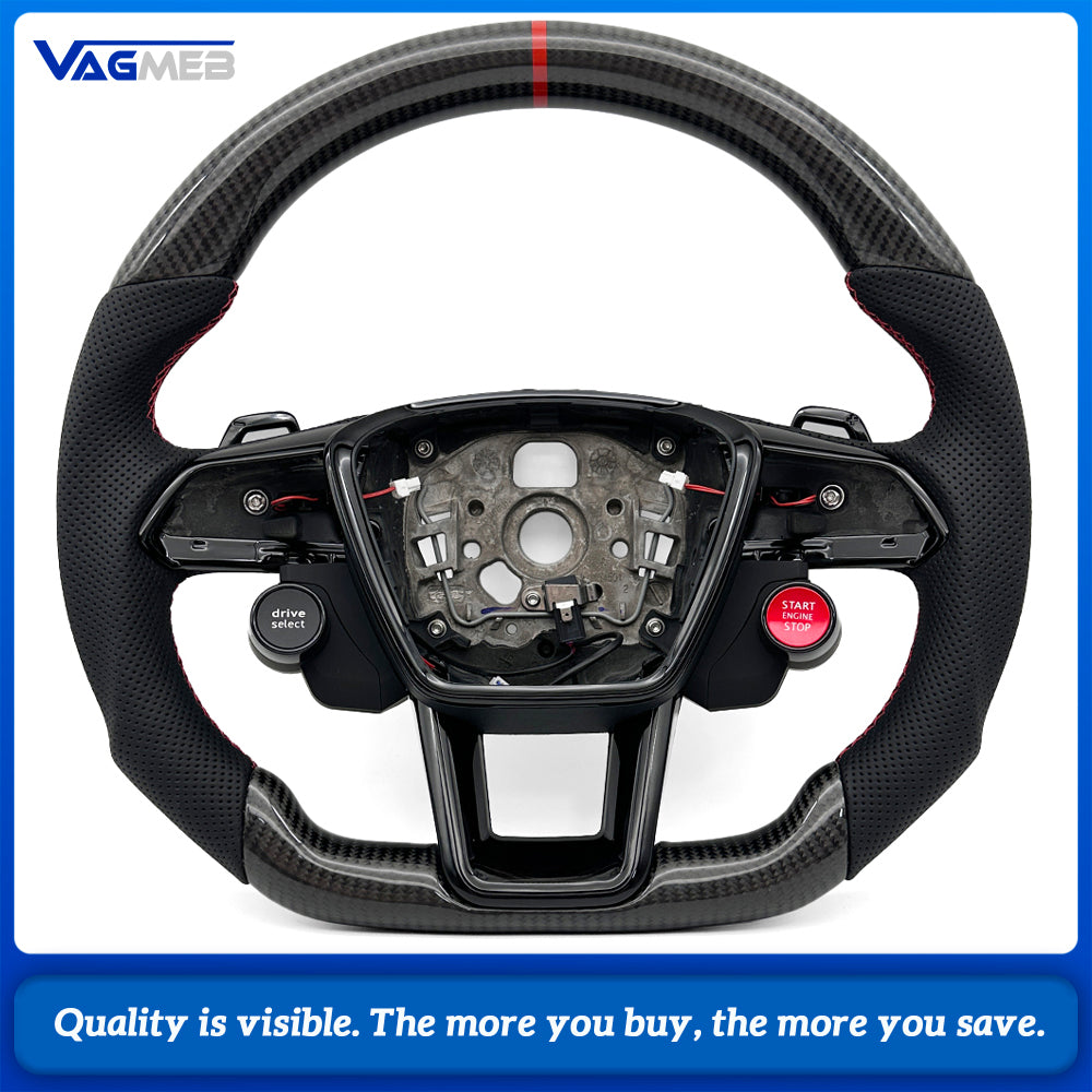 Car Carbon Fiber Half Perforated Leather Steering Wheel Red Stitch Red Centering Marker R8 Style Buttons With Paddle Shifters and Hands Off Function For Audi A6 C8 Retrofit