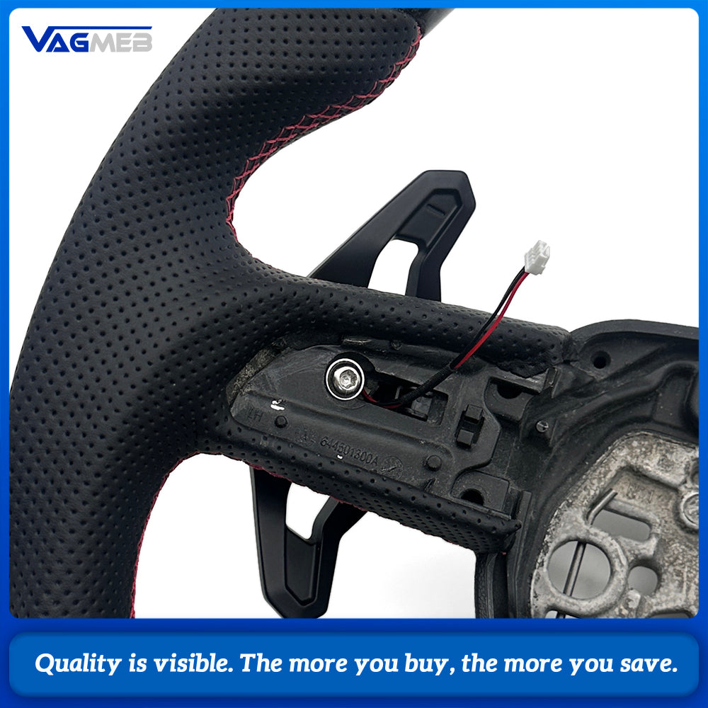 Car Sport Gloss Carbon Fiber Steering Wheel For Audi Q3, Half Perforated Leather, Red Stitch, Red Center Marker, Built-in HOD Hands Off Detection Module, With Gear Shift Paddles, No Control Buttons, Contoured Design