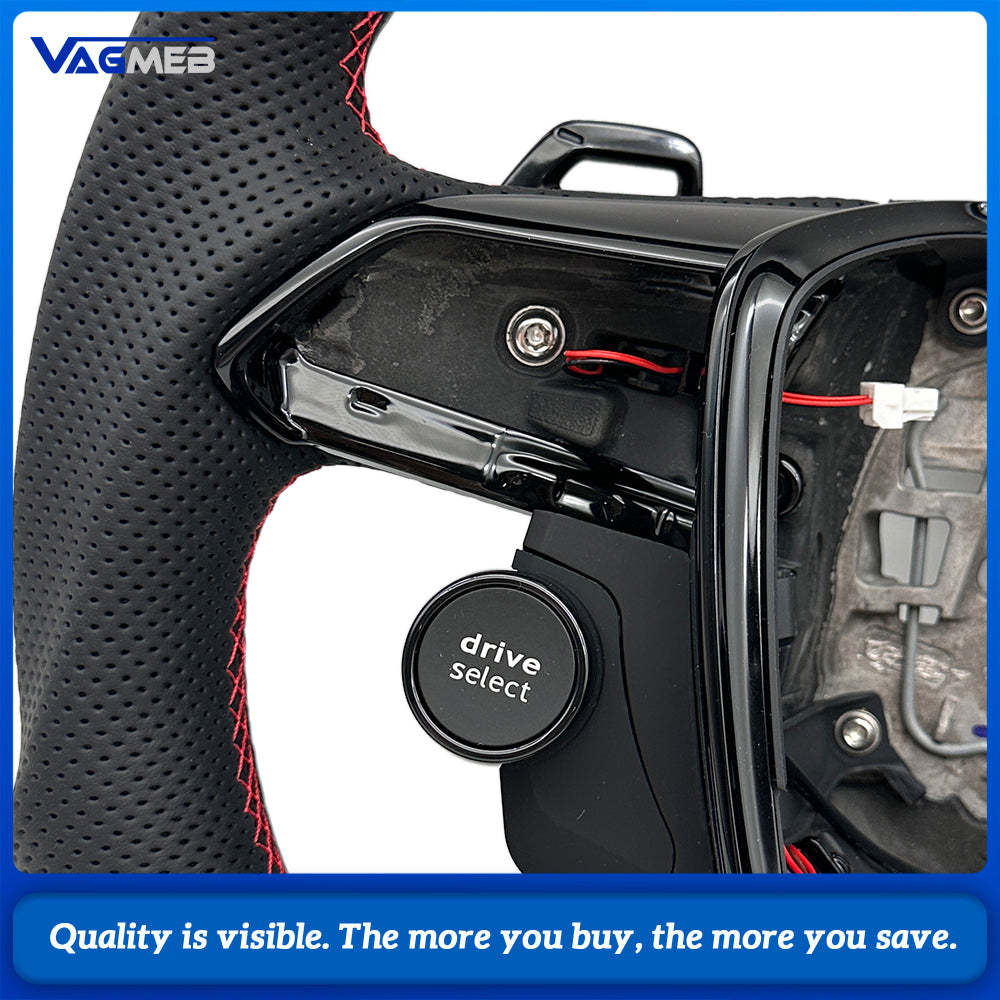 Car Carbon Fiber Half Perforated Leather Steering Wheel Red Stitch Red Centering Marker R8 Style Buttons With Paddle Shifters and Hands Off Function For Audi A6 C8 Retrofit
