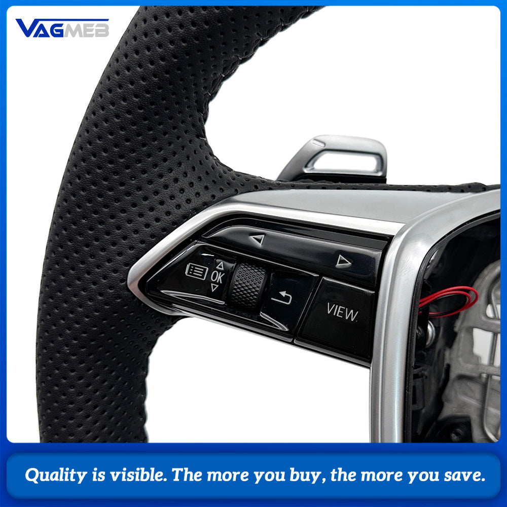 For Audi A6 C8 Half Perforated Leather Steering Wheel, Gray Stitching Hollow Shift Paddles Non-Heated Steering Wheel