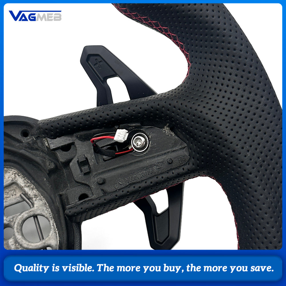 Car Sport Gloss Carbon Fiber Steering Wheel For Audi Q3, Half Perforated Leather, Red Stitch, Red Center Marker, Built-in HOD Hands Off Detection Module, With Gear Shift Paddles, No Control Buttons, Contoured Design