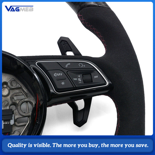 For Audi A3L Carbon Fiber LED Half Perforated Leather Steering Wheel, Purple Stitching With Control Buttons and Lamborghini Style Shift Paddles Car Modification Accessory
