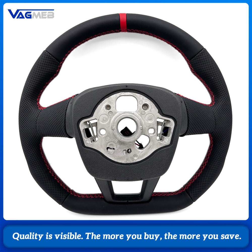 For Audi A6 C8 Half Perforated Leather Steering Wheel Base, Red Stitching Red Centering Marker Heated Car Steering Wheel Modification Part