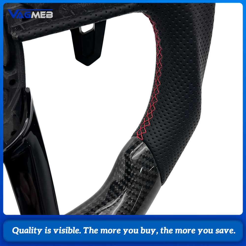 Car Sport Gloss Carbon Fiber Steering Wheel For Audi Q3, Half Perforated Leather, Red Stitch, Red Center Marker, Built-in HOD Hands Off Detection Module, With Gear Shift Paddles, No Control Buttons, Contoured Design