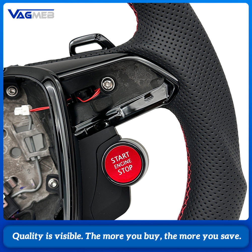 Car Carbon Fiber Half Perforated Leather Steering Wheel Red Stitch Red Centering Marker R8 Style Buttons With Paddle Shifters and Hands Off Function For Audi A6 C8 Retrofit