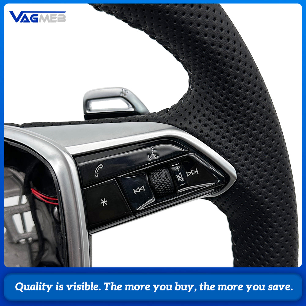 For Audi A6 C8 Half Perforated Leather Steering Wheel, Gray Stitching Hollow Shift Paddles Non-Heated Steering Wheel