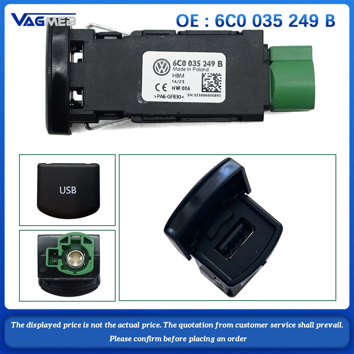 USB socket for VW Golf convertible PoloDerbyVento IND Sharan Multivan Scirocco Alhambra 6C0035249B