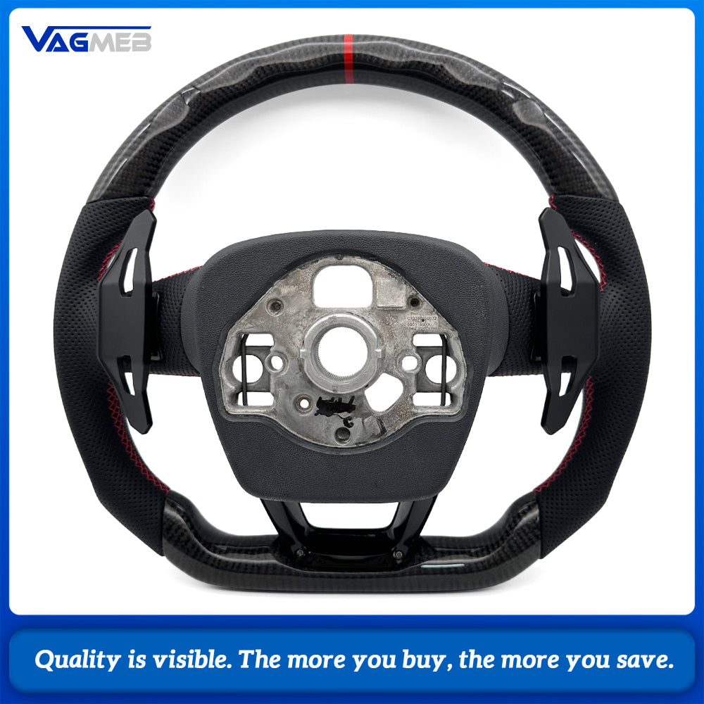 Car Sport Gloss Carbon Fiber Steering Wheel For Audi Q3, Half Perforated Leather, Red Stitch, Red Center Marker, Built-in HOD Hands Off Detection Module, With Gear Shift Paddles, No Control Buttons, Contoured Design