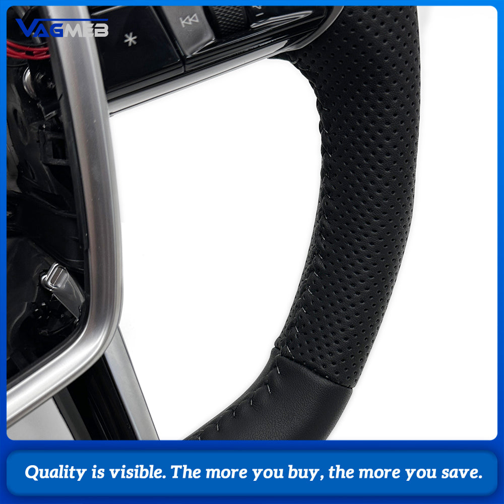 For Audi A6 C8 Half Perforated Leather Steering Wheel, Gray Stitching Hollow Shift Paddles Non-Heated Steering Wheel
