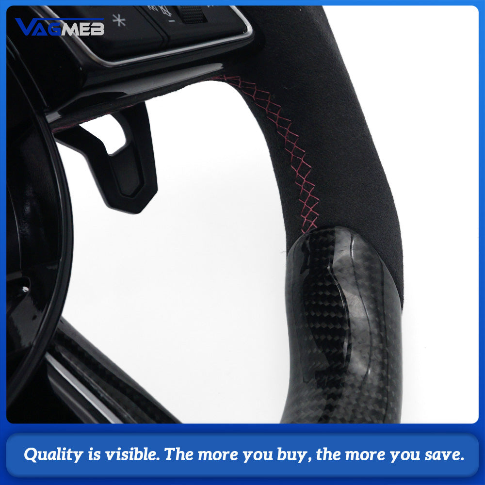 For Audi A3L Carbon Fiber LED Half Perforated Leather Steering Wheel, Purple Stitching With Control Buttons and Lamborghini Style Shift Paddles Car Modification Accessory