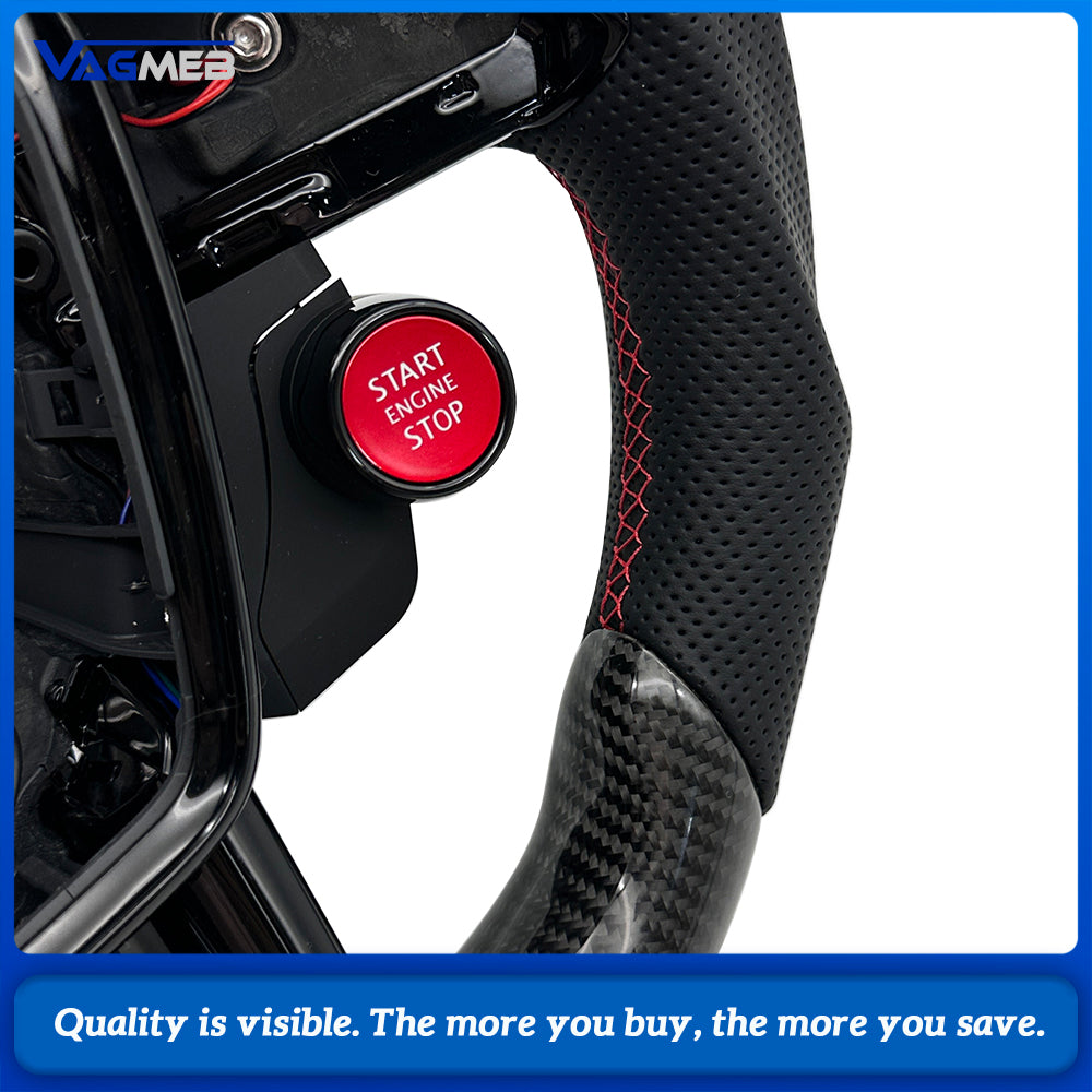 Car Carbon Fiber Half Perforated Leather Steering Wheel Red Stitch Red Centering Marker R8 Style Buttons With Paddle Shifters and Hands Off Function For Audi A6 C8 Retrofit
