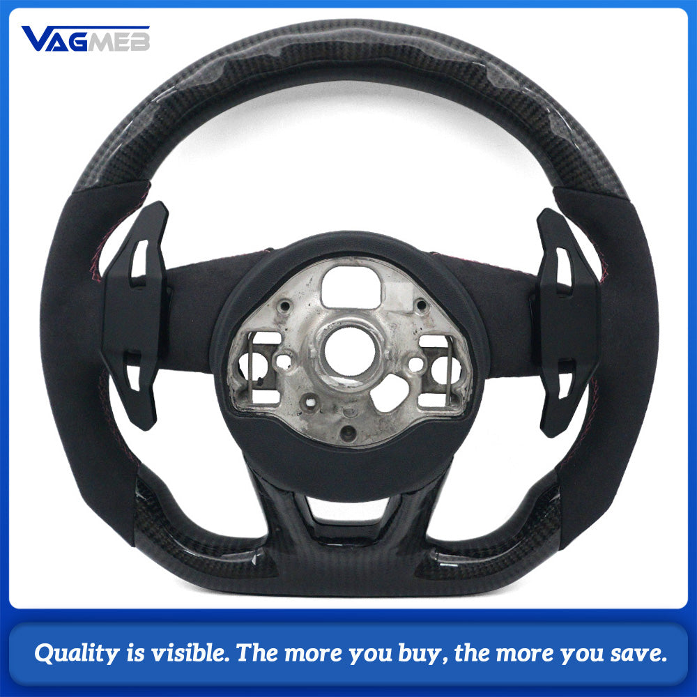 For Audi A3L Carbon Fiber LED Half Perforated Leather Steering Wheel, Purple Stitching With Control Buttons and Lamborghini Style Shift Paddles Car Modification Accessory