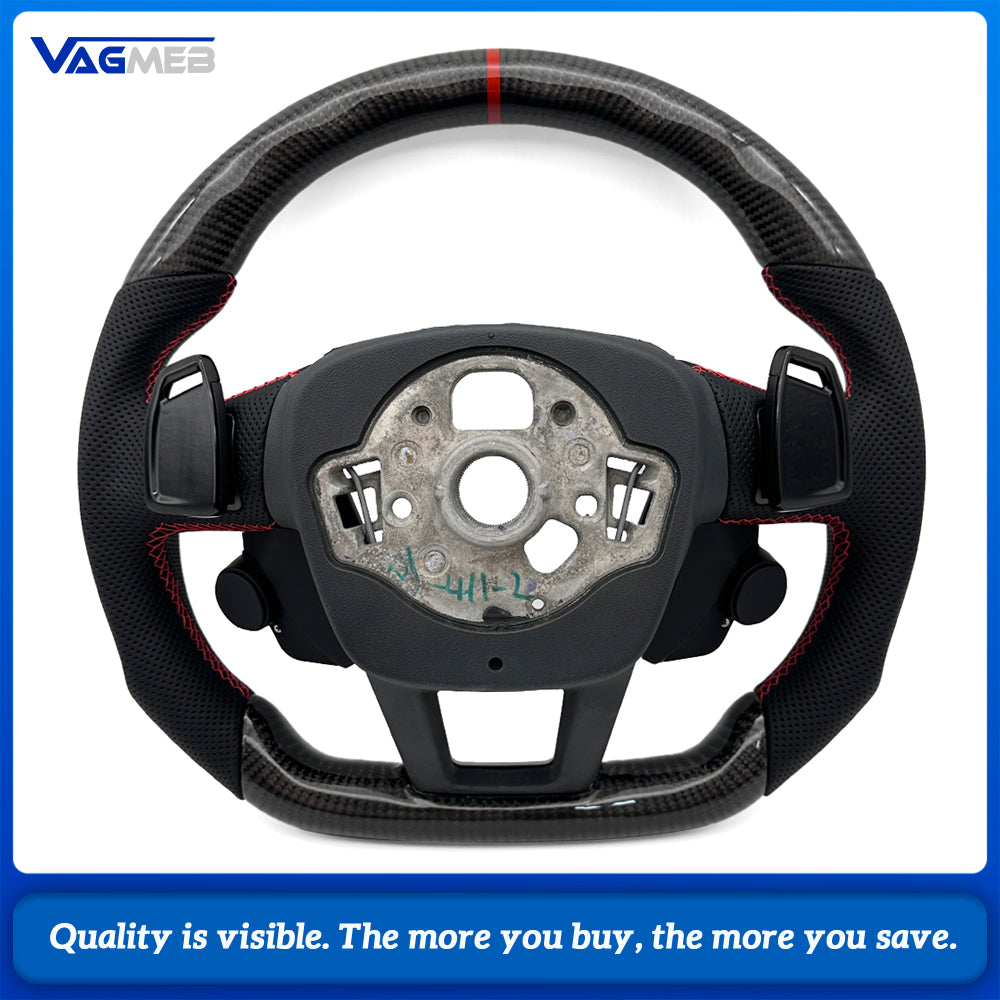 Car Carbon Fiber Half Perforated Leather Steering Wheel Red Stitch Red Centering Marker R8 Style Buttons With Paddle Shifters and Hands Off Function For Audi A6 C8 Retrofit