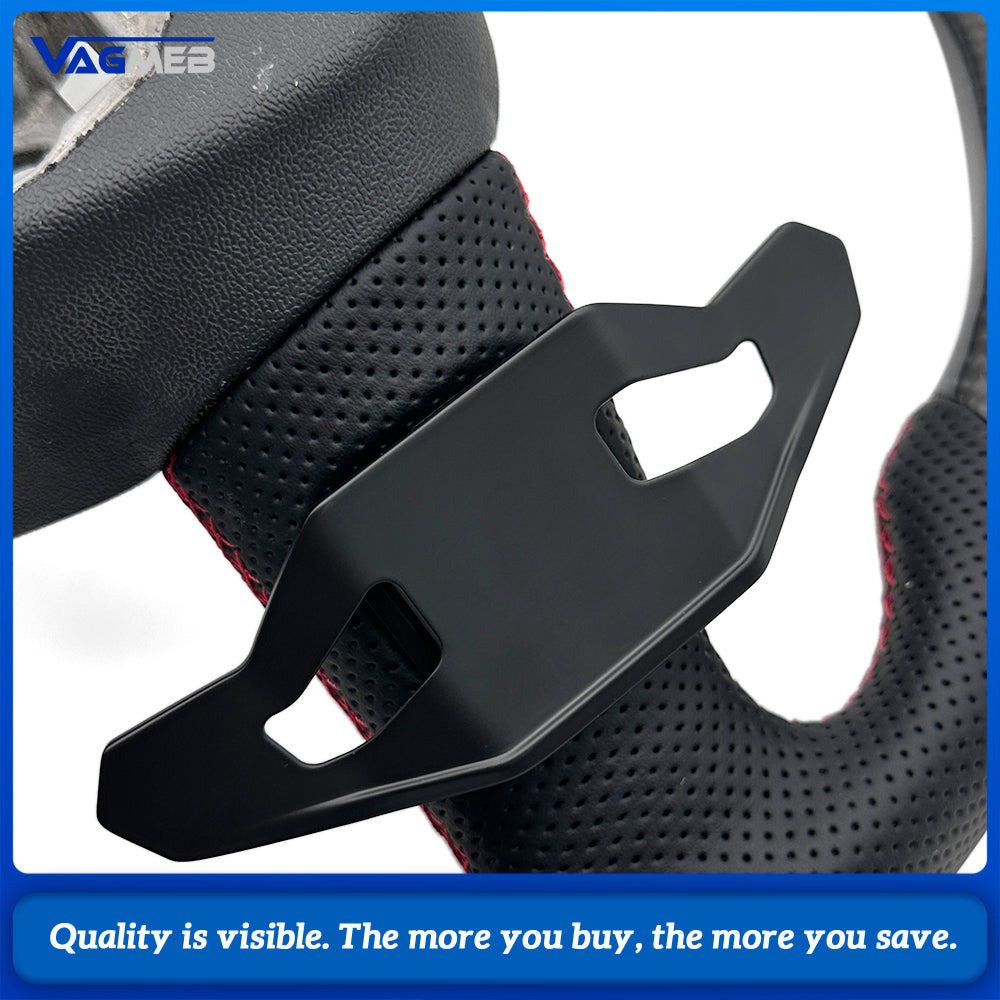 Car Sport Gloss Carbon Fiber Steering Wheel For Audi Q3, Half Perforated Leather, Red Stitch, Red Center Marker, Built-in HOD Hands Off Detection Module, With Gear Shift Paddles, No Control Buttons, Contoured Design