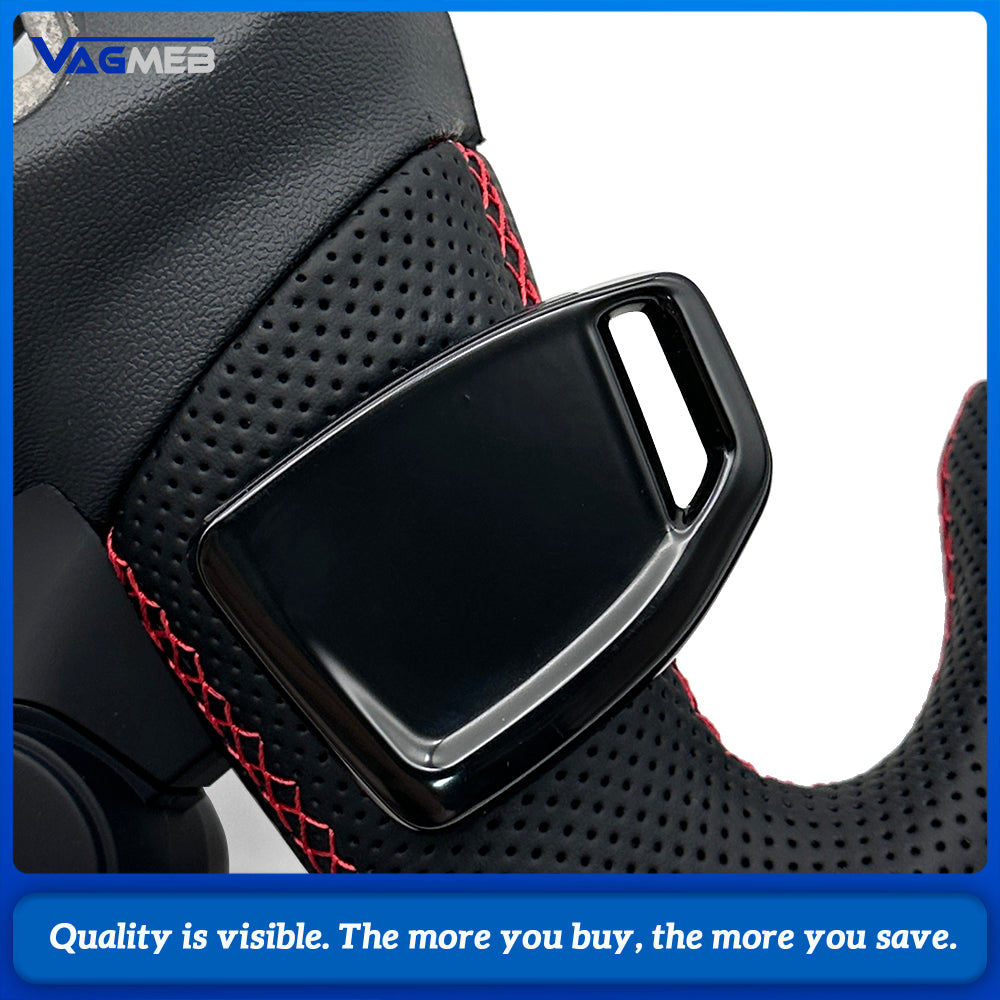 Car Carbon Fiber Half Perforated Leather Steering Wheel Red Stitch Red Centering Marker R8 Style Buttons With Paddle Shifters and Hands Off Function For Audi A6 C8 Retrofit