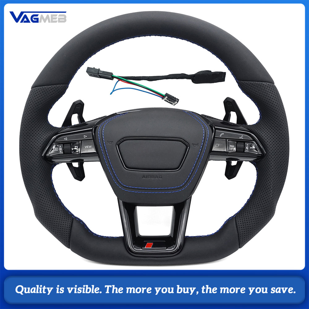 RS Logo Half Perforated Leather Steering Wheel Blue Stitch For Audi A6 C8 A7 S6 RS6
