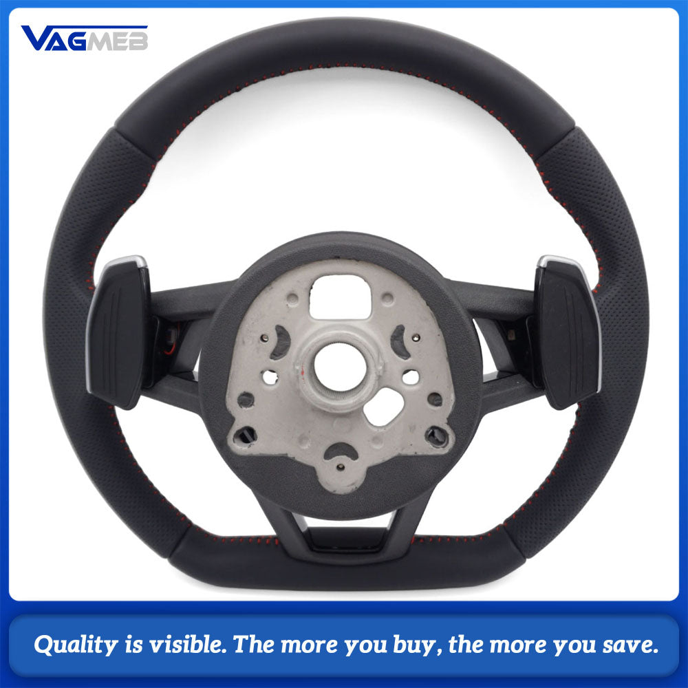 For Audi R8 Style RS Steering Wheel Half Perforated Red Stitch With Buttons & Shift Paddles