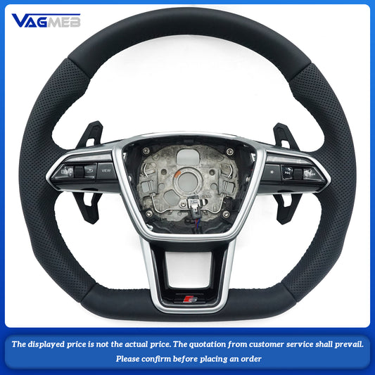 For Audi S logo A6C8, semi-perforated black line, lacquered large black paddles, unheated steering wheel