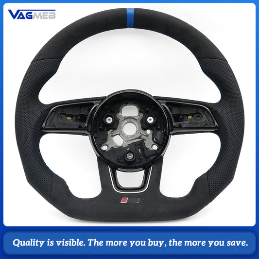 For Audi A4 B9 RS Steering Wheel, Alcantara TopBottom, Perforated Leather Sides, Blue Stitching, Blue 12 o’Clock Marker