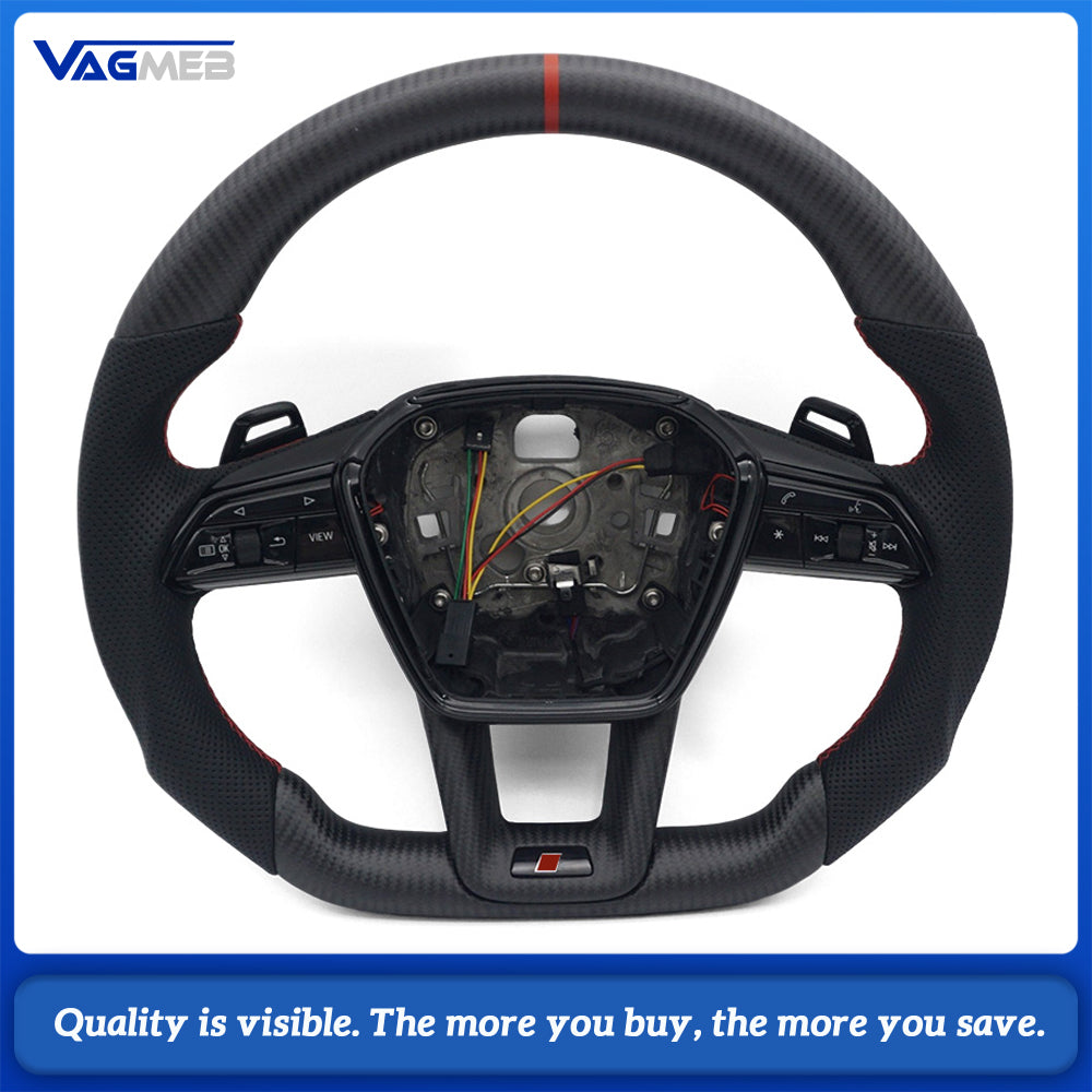 For Audi A6 C8 S Style Matte Carbon Sport Wheel Half Perforated Red Contrast Stitch Red Racing Marker Multifunction Buttons Paddles HOD Emulator Included