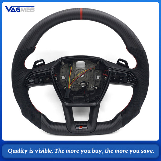 For Audi A6 C8 S Style Matte Carbon Sport Wheel Half Perforated Red Contrast Stitch Red Racing Marker Multifunction Buttons Paddles HOD Emulator Included