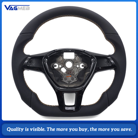 Car Steering Wheel Half Perforated Leather Brown Stitching With Trim Frame Without Control Buttons Replacement For VW T6 Transporter