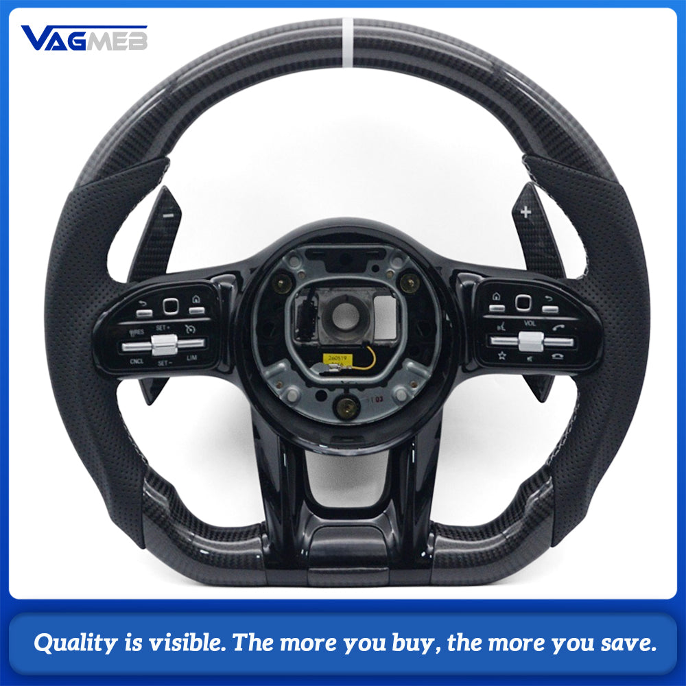 Car AMG Style Carbon Fiber Half Perforated Leather Steering Wheel White Stitching White Center Marker With Control Buttons And Large Paddle Shifters For Mercedes Benz