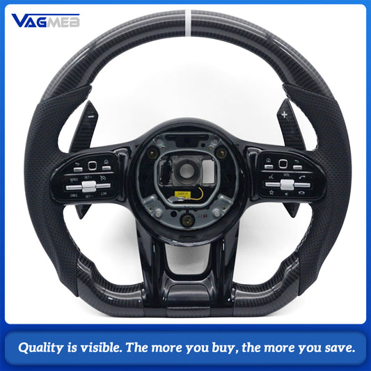 Car AMG Style Carbon Fiber Half Perforated Leather Steering Wheel White Stitching White Center Marker With Control Buttons And Large Paddle Shifters For Mercedes Benz