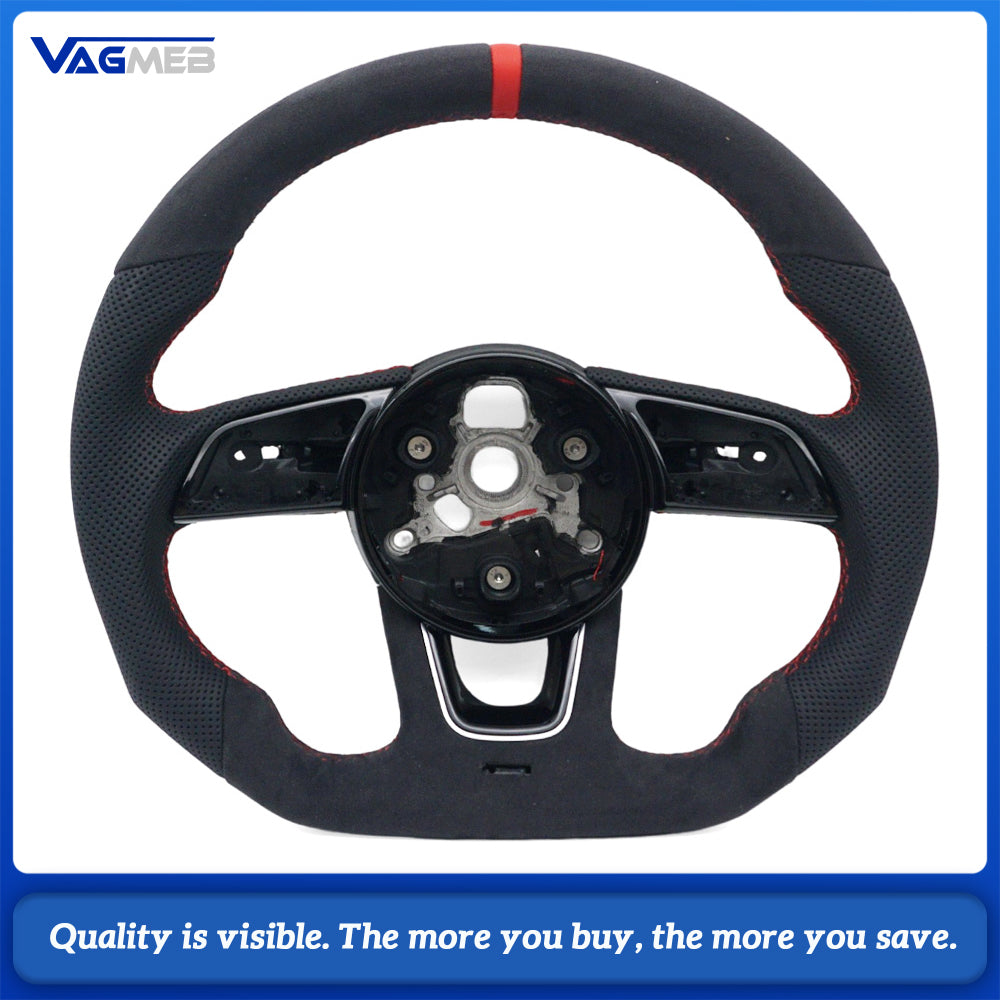For Audi A4 B9 Steering Wheel, Top & Bottom Alcantara, Side Perforated Leather, Red Stitching, Red Center Marker, Contoured Design, Without Airbag