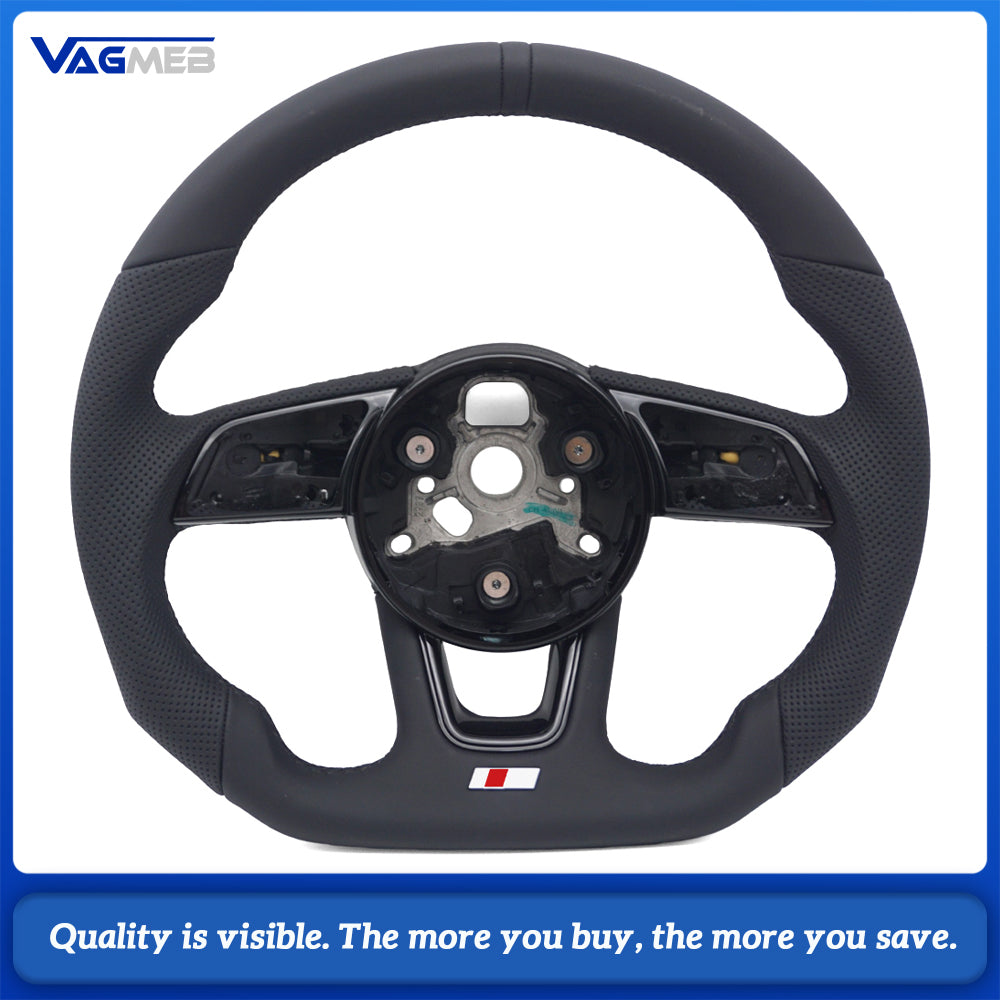 Stylized Shape Semi‑Perforated Steering Wheel Black Stitch Black Centering Marker No Paddle No Buttons For Audi A4 B9 Interior Upgrade