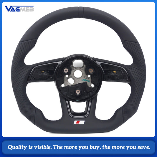 Stylized Shape Semi‑Perforated Steering Wheel Black Stitch Black Centering Marker No Paddle No Buttons For Audi A4 B9 Interior Upgrade