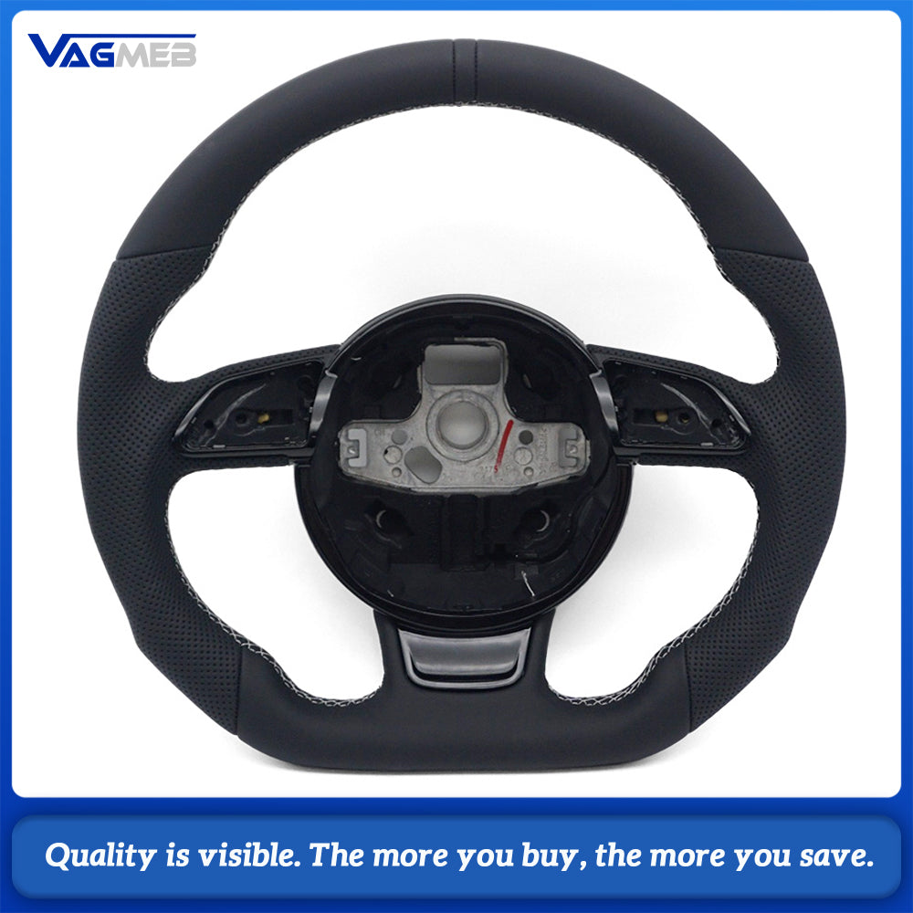 Audi A4 B8 Ergonomic Sculpted D-shaped Steering Wheel Half Punch Leather Black 12 O’clock Top Mark OEM Hub Base
