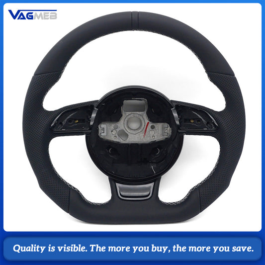 Audi A4 B8 Ergonomic Sculpted D-shaped Steering Wheel Half Punch Leather Black 12 O’clock Top Mark OEM Hub Base