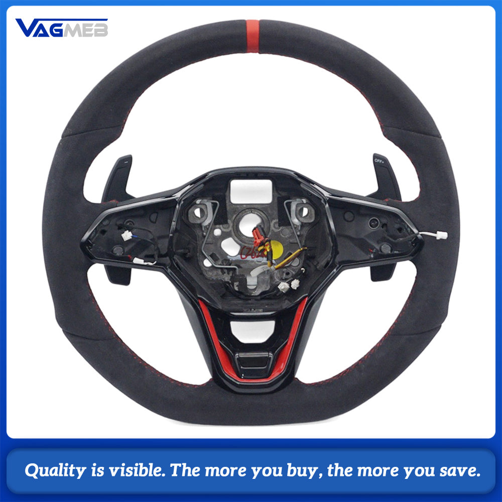 For VW Golf MK8 Full Alcantara Sport Steering Wheel, Red Contrast Stitching, Red Centering Marker, Without Steering Wheel Buttons, Car Interior Modification Accessory