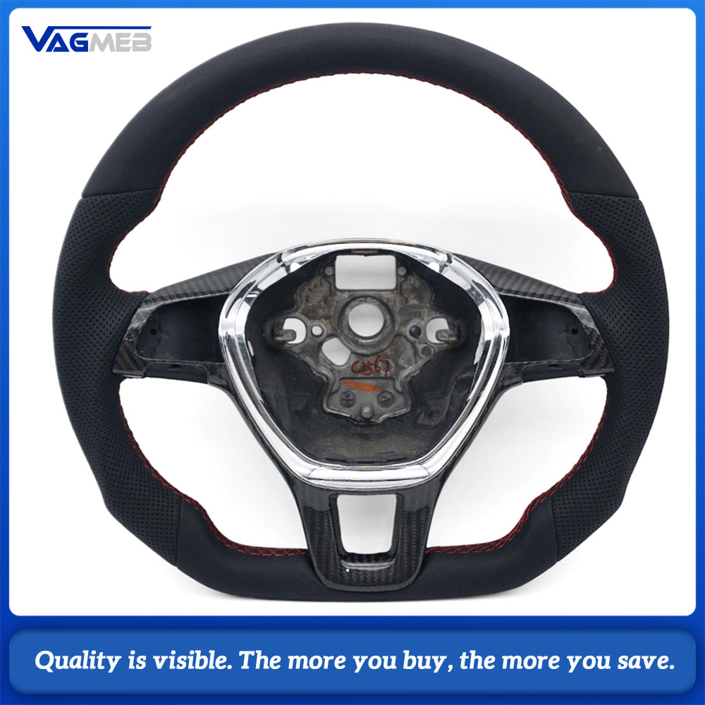 For VW T6 Half Perforated Leather Steering Wheel, Red Stitching Steering Wheel With Carbon Fiber Frame Car Modification Replacement Part