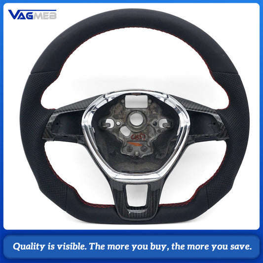 For VW T6 Half Perforated Leather Steering Wheel, Red Stitching Steering Wheel With Carbon Fiber Frame Car Modification Replacement Part