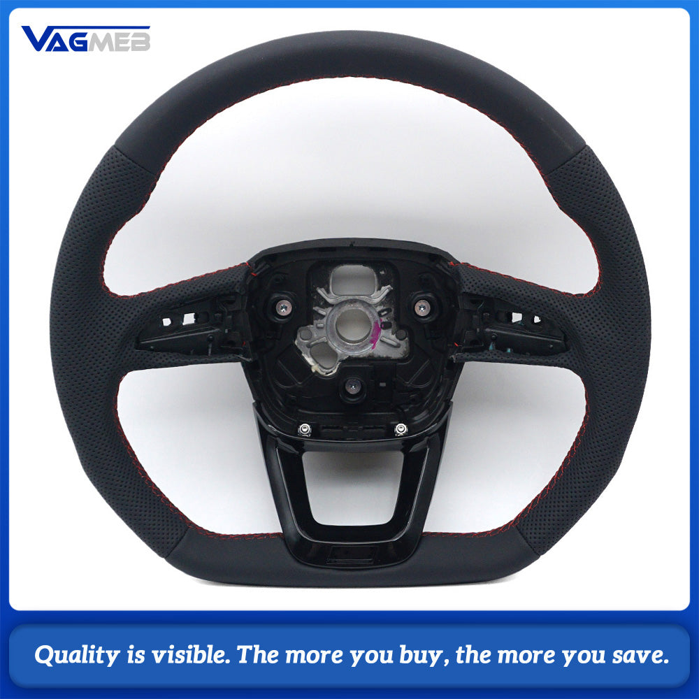 For Audi Q5FY Gloss Black Half Perforated Leather Steering Wheel, Red Stitching Steering Wheel Without Shift Paddles and Buttons